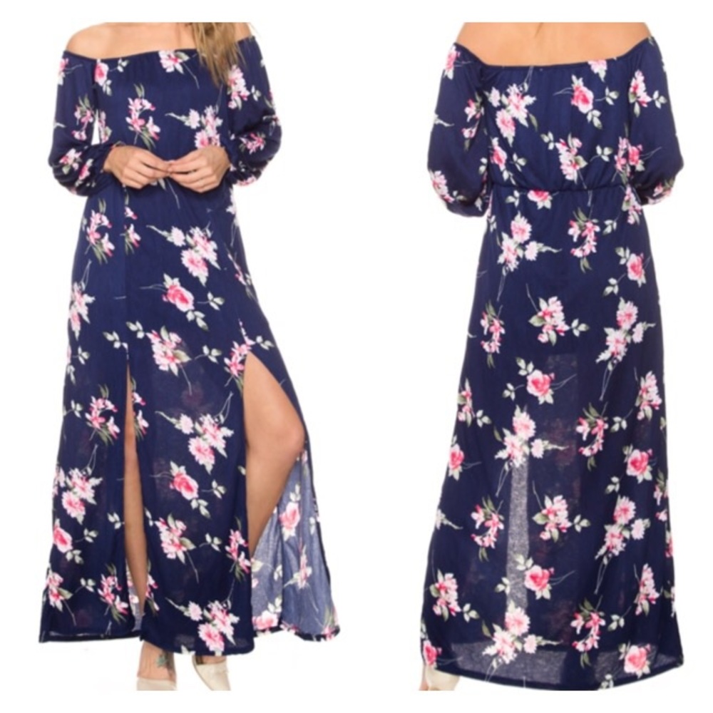 Navy Floral Off Shoulder Maxi Dress - Picture 2 of 2